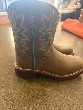 Justin Boots Kids Brown Pull-On Western Boots with Turquoise Accents